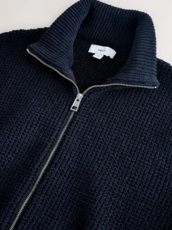 Navy Blue Regular Fit Waffle Texture Chenille Zip Through Cardigan