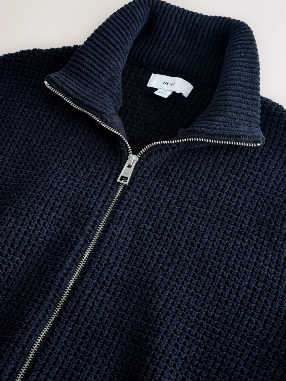 Navy Blue Regular Fit Waffle Texture Chenille Zip Through Cardigan