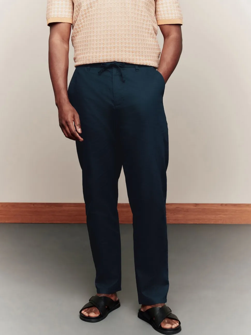 Navy Blue Regular Tapered Fit Linen Cotton Chino Trousers