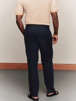 Navy Blue Regular Tapered Fit Linen Cotton Chino Trousers