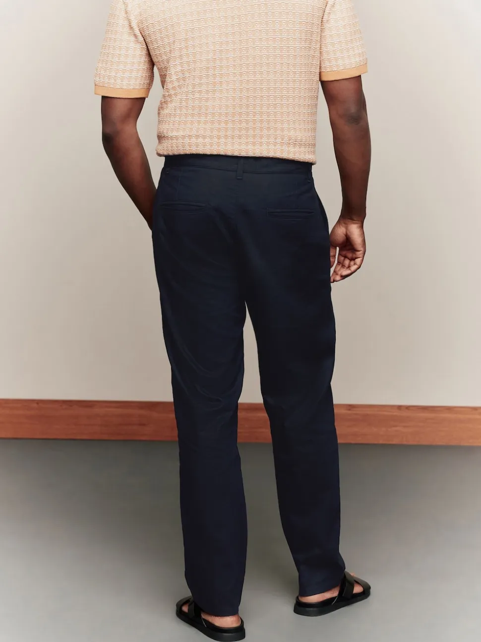 Navy Blue Regular Tapered Fit Linen Cotton Chino Trousers