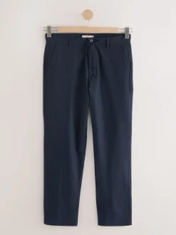 Navy Blue Regular Tapered Fit Linen Cotton Chino Trousers