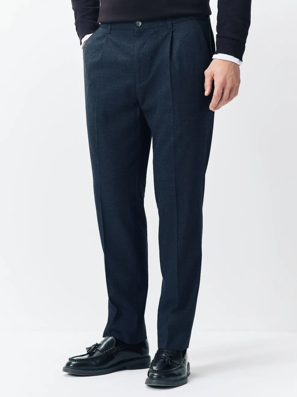 Navy Blue Regular Tapered Fit Smart Textured Soft Touch Trousers