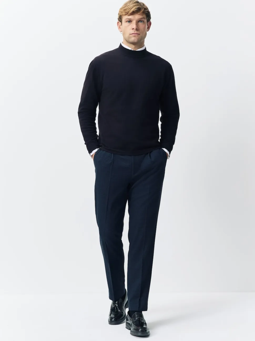 Navy Blue Regular Tapered Fit Smart Textured Soft Touch Trousers