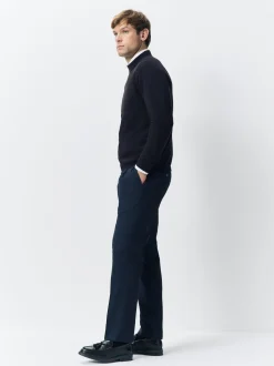 Navy Blue Regular Tapered Fit Smart Textured Soft Touch Trousers