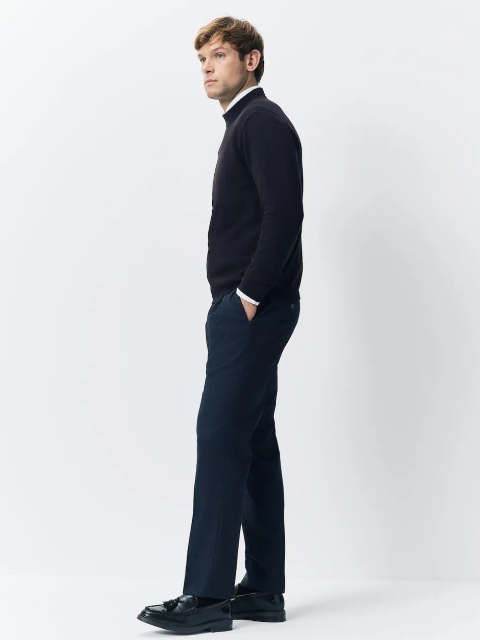 Navy Blue Regular Tapered Fit Smart Textured Soft Touch Trousers