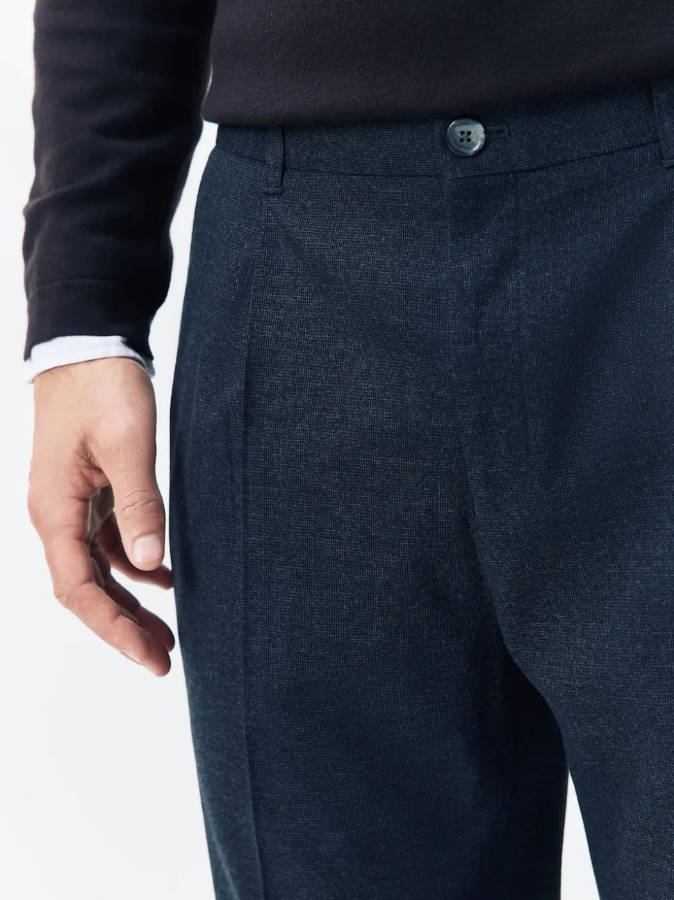 Navy Blue Regular Tapered Fit Smart Textured Soft Touch Trousers