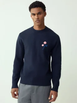 Navy Blue Relaxed Fit Floral Graphic Print Crew Neck Jumper
