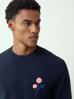 Navy Blue Relaxed Fit Floral Graphic Print Crew Neck Jumper