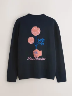 Navy Blue Relaxed Fit Floral Graphic Print Crew Neck Jumper