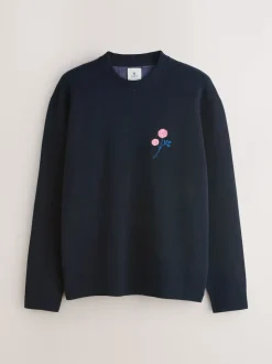Navy Blue Relaxed Fit Floral Graphic Print Crew Neck Jumper