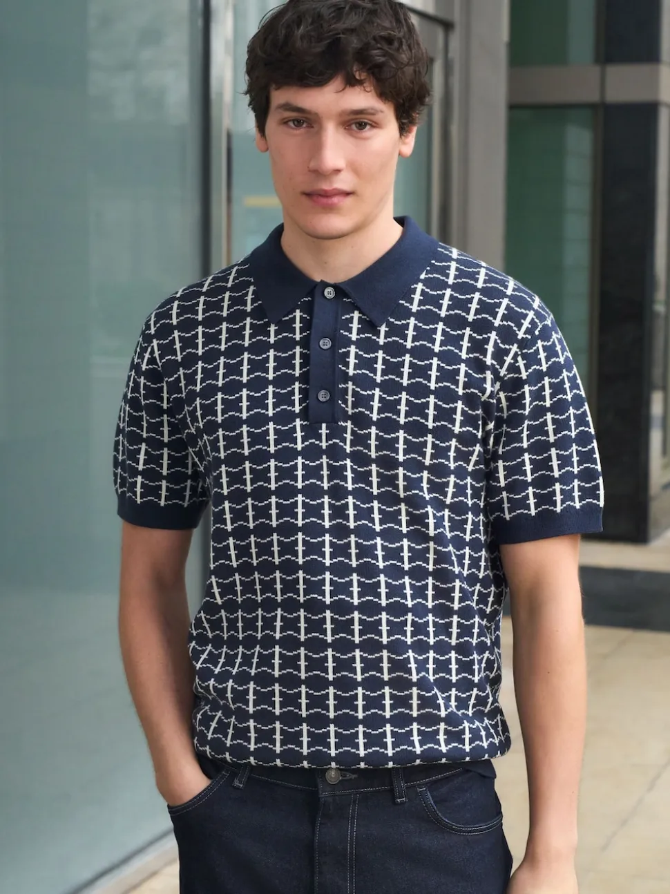 Navy Blue Relaxed Fit Geo Pattern Short Sleeve Knitted Polo Shirt