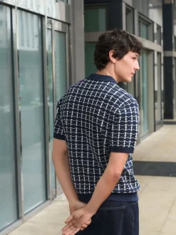 Navy Blue Relaxed Fit Geo Pattern Short Sleeve Knitted Polo Shirt