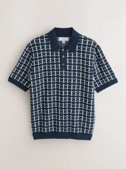 Navy Blue Relaxed Fit Geo Pattern Short Sleeve Knitted Polo Shirt