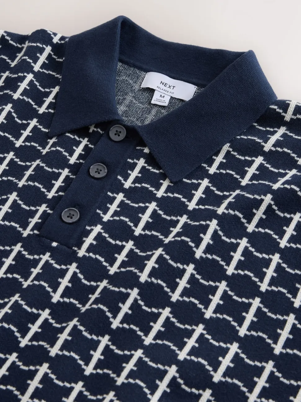 Navy Blue Relaxed Fit Geo Pattern Short Sleeve Knitted Polo Shirt