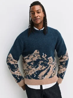 Navy Blue Relaxed Fit Knitted Mountain Landscape Crew Neck Jumper