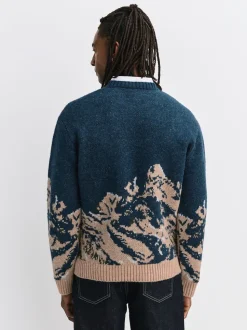Navy Blue Relaxed Fit Knitted Mountain Landscape Crew Neck Jumper