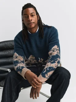 Navy Blue Relaxed Fit Knitted Mountain Landscape Crew Neck Jumper
