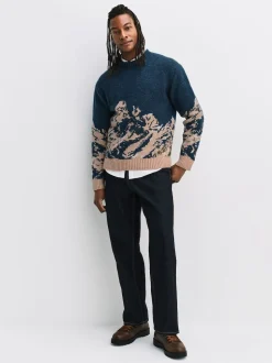 Navy Blue Relaxed Fit Knitted Mountain Landscape Crew Neck Jumper
