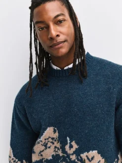 Navy Blue Relaxed Fit Knitted Mountain Landscape Crew Neck Jumper