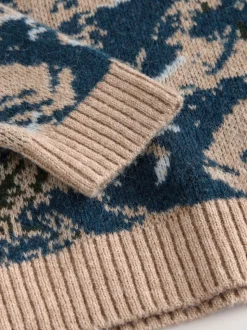 Navy Blue Relaxed Fit Knitted Mountain Landscape Crew Neck Jumper