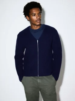 Navy Blue Relaxed Fit Ribbed Zip Through Cardigan with Wool