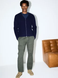 Navy Blue Relaxed Fit Ribbed Zip Through Cardigan with Wool