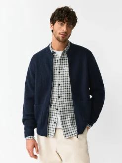 Navy Blue Rib Texture Zip Through Cardigan with Wool