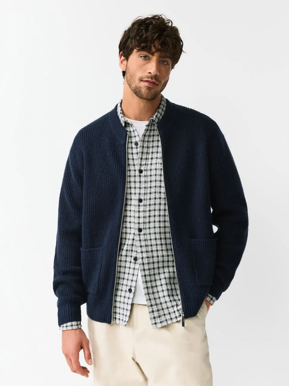 Navy Blue Rib Texture Zip Through Cardigan with Wool
