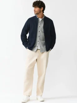 Navy Blue Rib Texture Zip Through Cardigan with Wool
