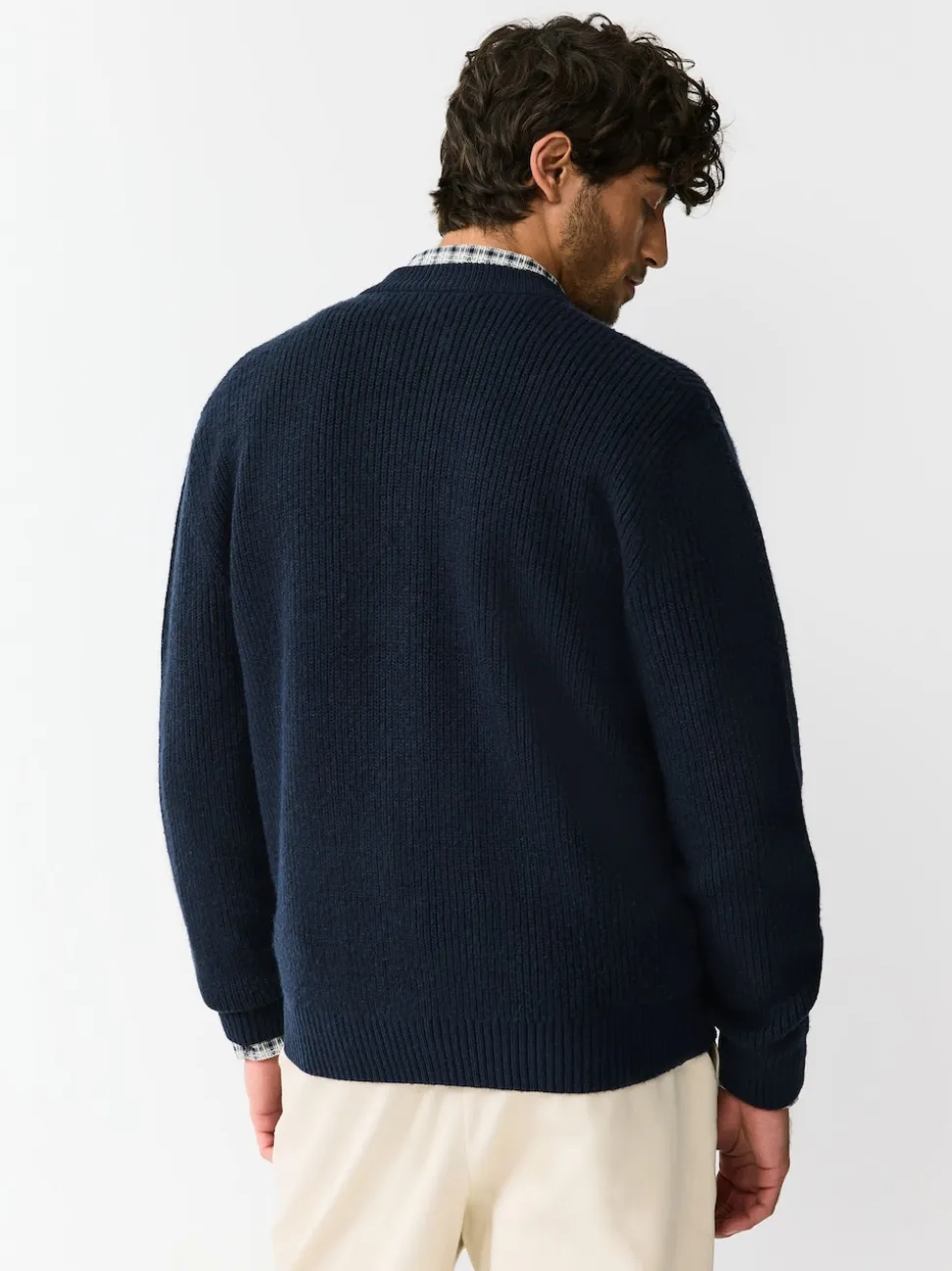 Navy Blue Rib Texture Zip Through Cardigan with Wool
