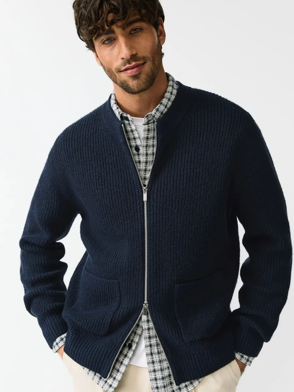 Navy Blue Rib Texture Zip Through Cardigan with Wool