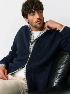 Navy Blue Rib Texture Zip Through Cardigan with Wool
