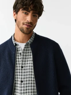 Navy Blue Rib Texture Zip Through Cardigan with Wool