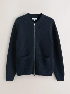 Navy Blue Rib Texture Zip Through Cardigan with Wool