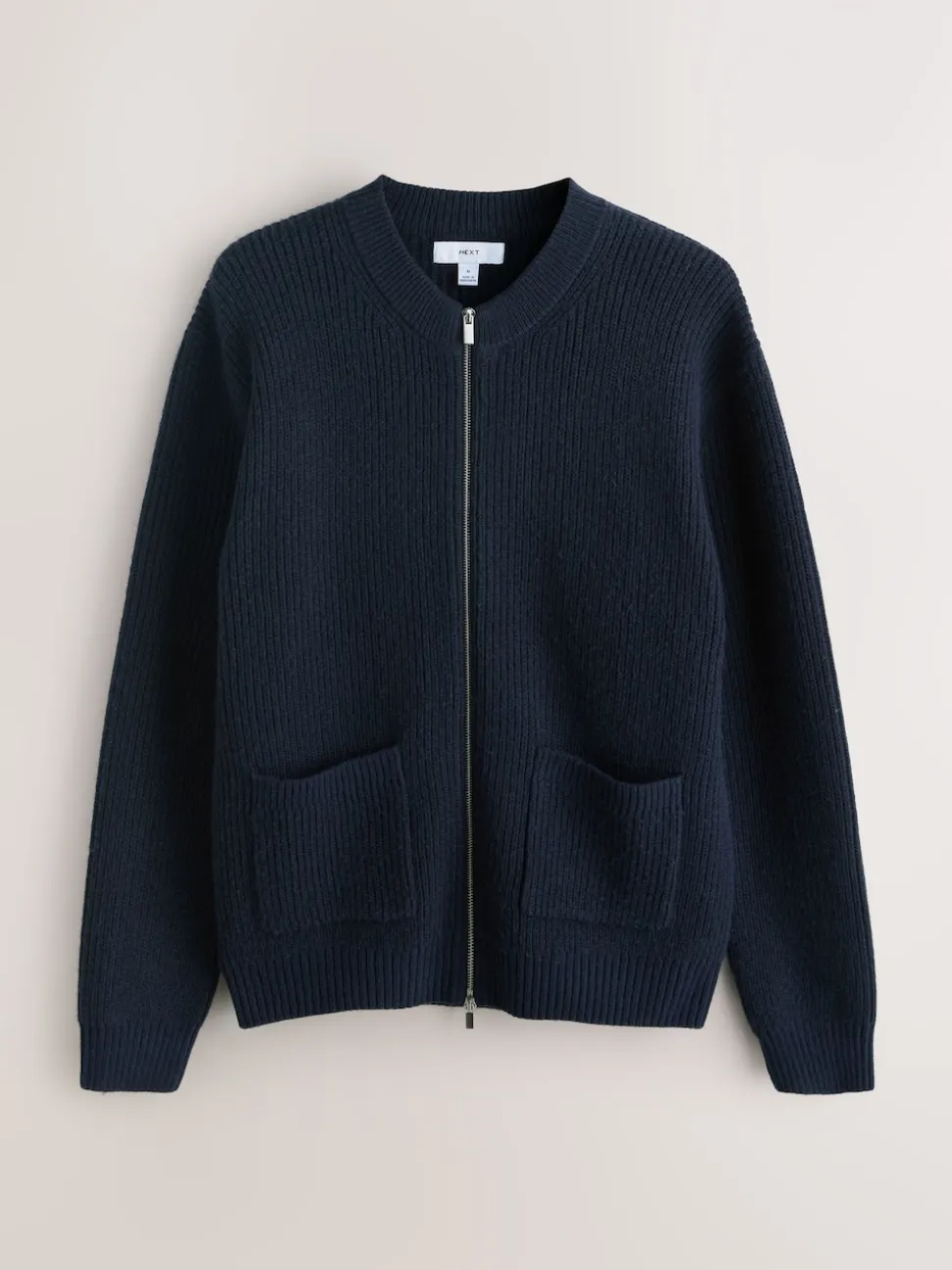 Navy Blue Rib Texture Zip Through Cardigan with Wool