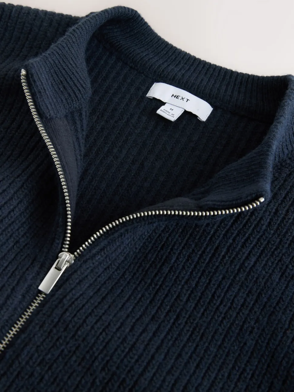 Navy Blue Rib Texture Zip Through Cardigan with Wool