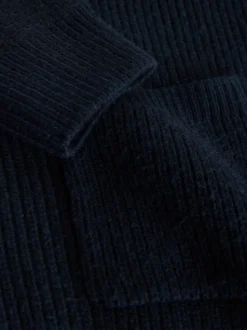 Navy Blue Rib Texture Zip Through Cardigan with Wool