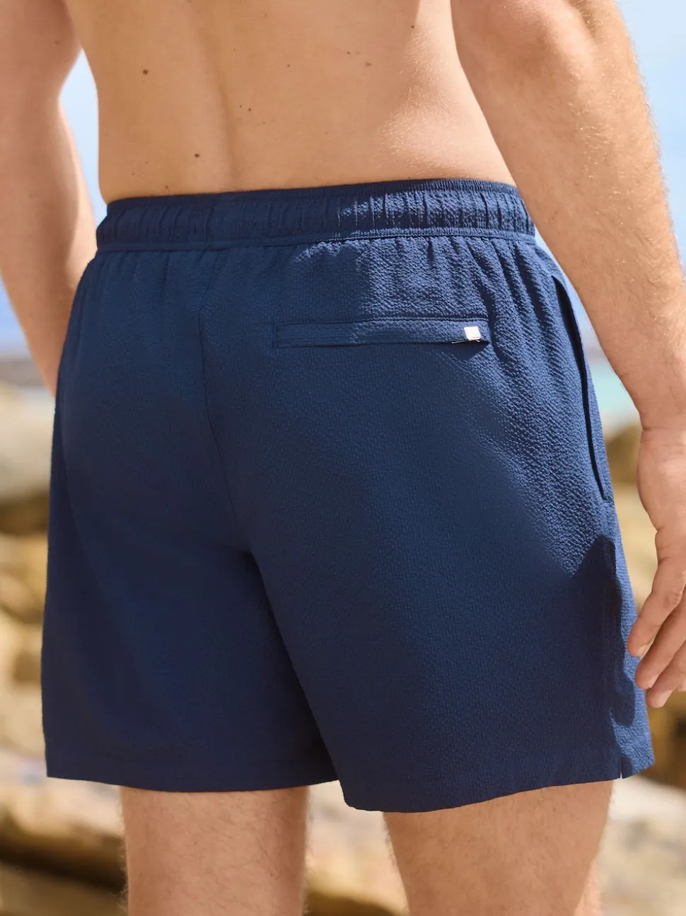 Navy Blue Seersucker Swim Shorts