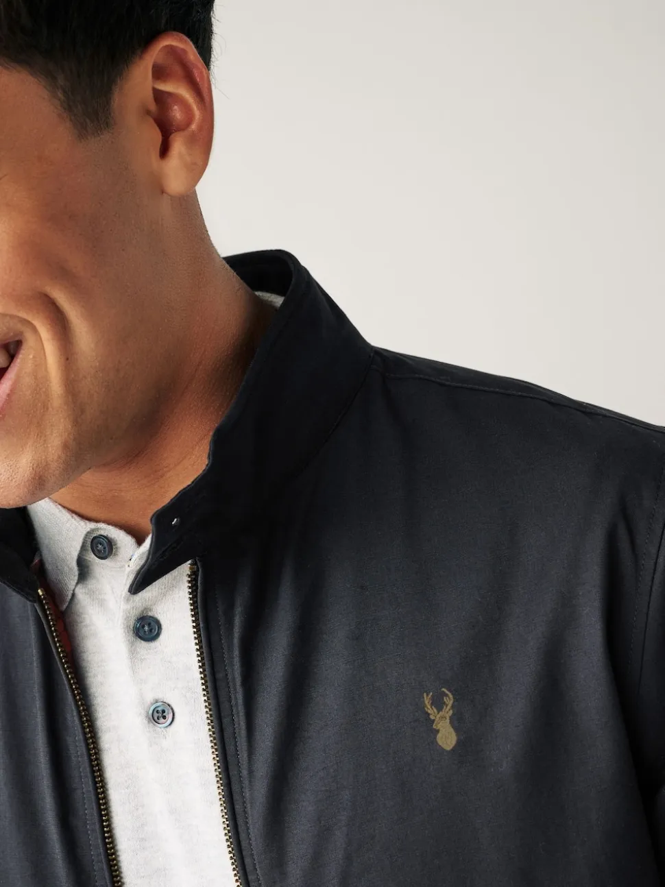 Navy Blue Shower Resistant Check Lining Harrington Jacket