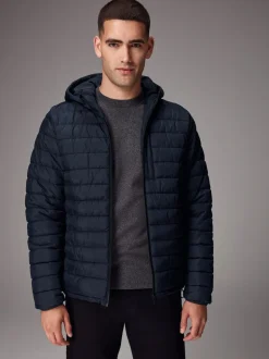 Navy Blue Shower Resistant Lightweight Hooded Puffer Coat Jacket