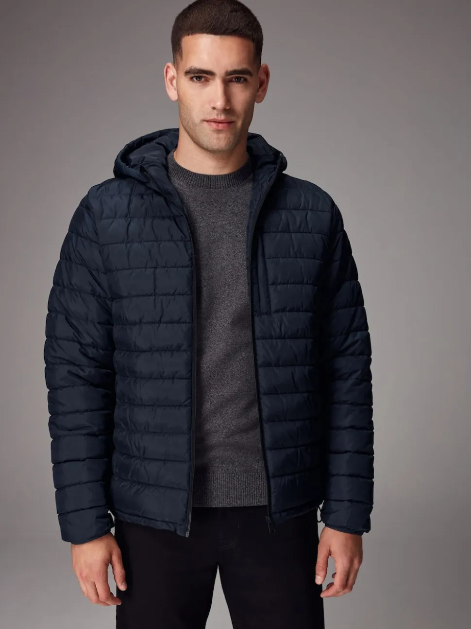 Navy Blue Shower Resistant Lightweight Hooded Puffer Coat Jacket