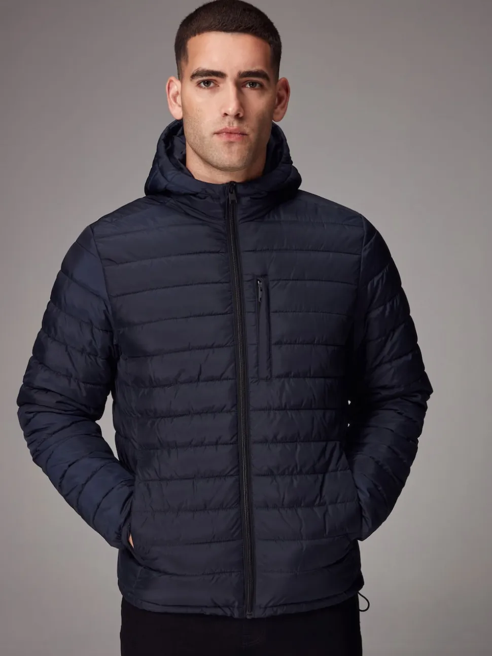 Navy Blue Shower Resistant Lightweight Hooded Puffer Coat Jacket