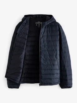 Navy Blue Shower Resistant Lightweight Hooded Puffer Coat Jacket