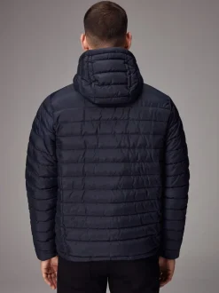 Navy Blue Shower Resistant Lightweight Hooded Puffer Coat Jacket