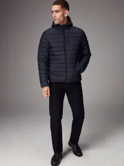 Navy Blue Shower Resistant Lightweight Hooded Puffer Coat Jacket