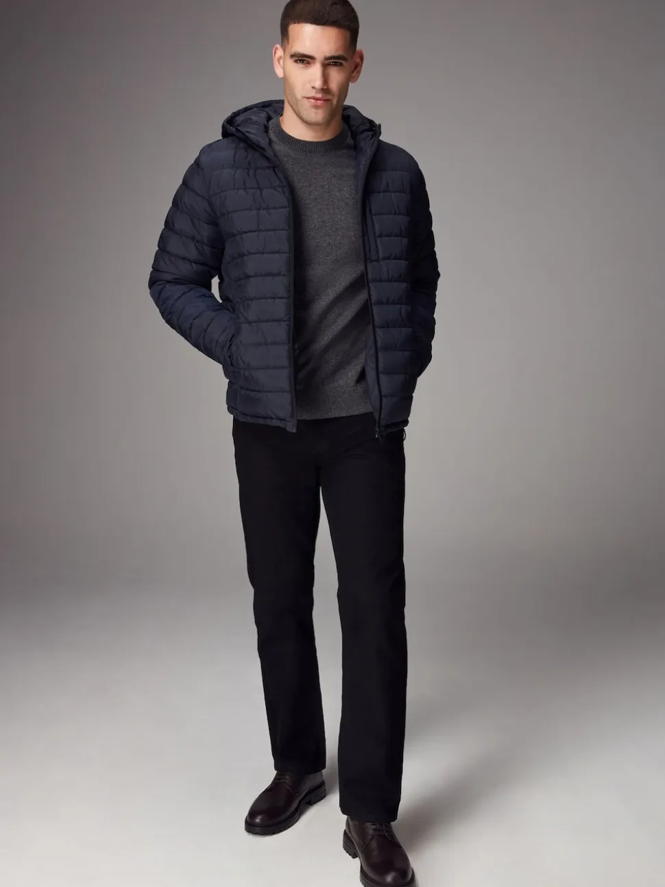 Navy Blue Shower Resistant Lightweight Hooded Puffer Coat Jacket