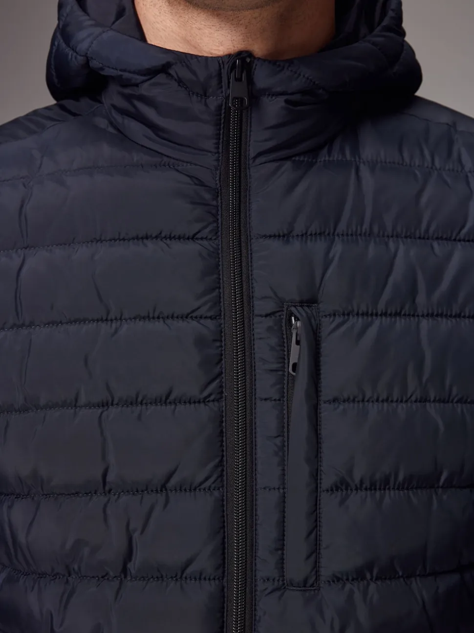 Navy Blue Shower Resistant Lightweight Hooded Puffer Coat Jacket