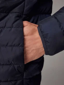 Navy Blue Shower Resistant Lightweight Hooded Puffer Coat Jacket