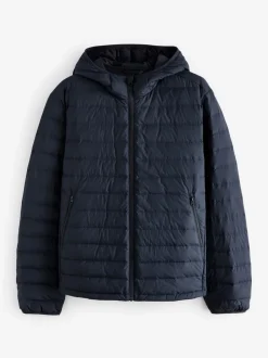 Navy Blue Shower Resistant Lightweight Hooded Puffer Coat Jacket